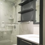 Bathroom Reno with Charcoal Grey Floating Shelves